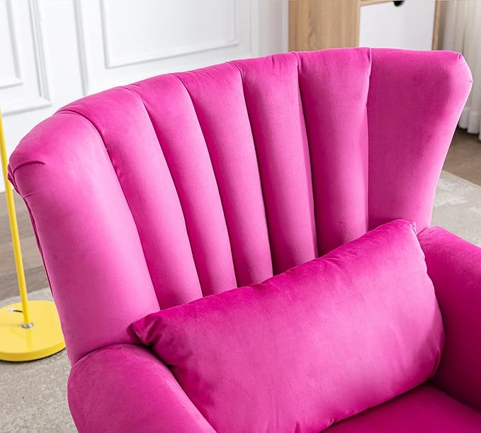 Mid Century Modern Accent Chair Upholstered Armchair Comfy Velvet Fabric Single Sofa with Lined Wingback for Small Spaces Bedroom Living Room Velvet Hot Pink