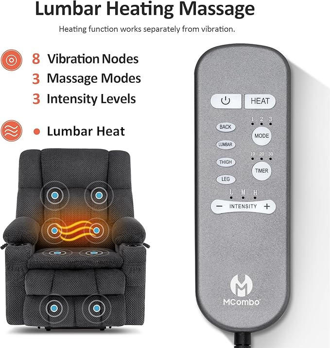 MCombo Dual Motor Power Lift Recliner Chair with Massage and Heat for Elderly People Infinite Position USB Ports Cup Holders Fabric 7890 (Medium Dark Gray)