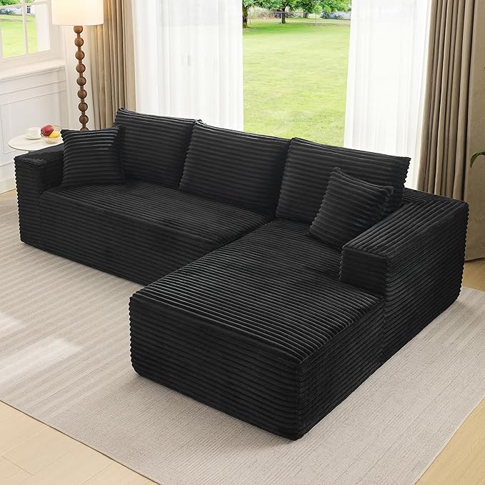 108 Cloud Sectional Couch with L-Shape Chaise Modern Modular Sofa with Deep Seat Boneless Cloud Couches for Living Room Bedroom No Assembly Required Plush Corduroy (Black Right Facing Chaise)