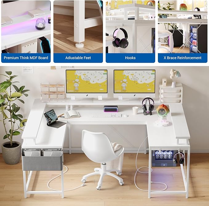 IDEALHOUSE U Shaped Home Office Desk Reversible L Shaped Gaming Computer Desk with Power Outlets126 Inch Computer Desk with Monitor Stand and LED LightsStorage ShelvesStorage Bag and Hooks（White）