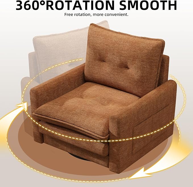 Cozy Swivel Accent Chair Modern Oversized Single Sofa with Armrest Comfy Upholstered Armchair Sofa Large Chenille Accent Chair for Living Room Bedroom Reading Room Brown