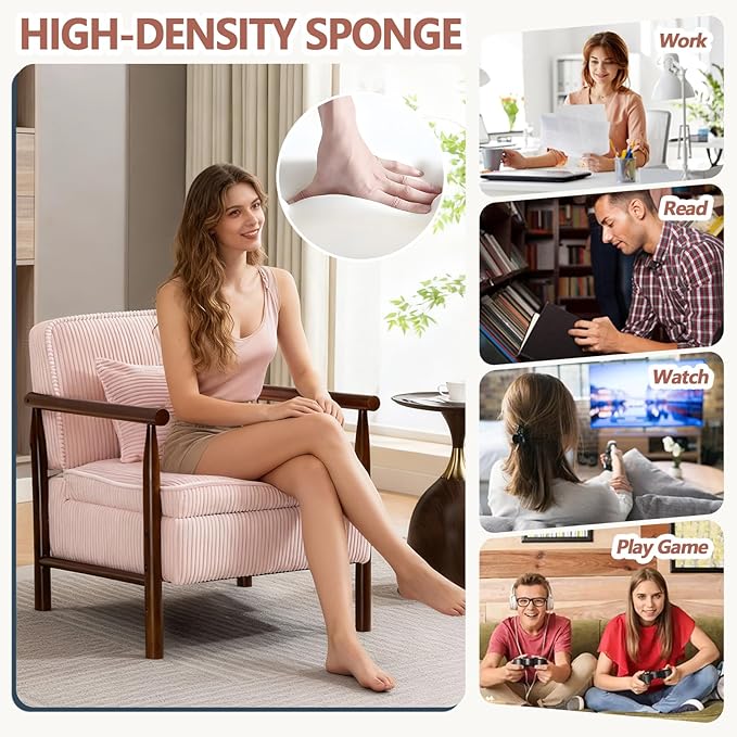 Pink Accent Chair with Storage 24 W Mid Century Modern Chair with Cushion Upholstered Corduroy Reading Chair with Wooden Legs Comfy Arm Chairs for Living Room Bedroom (Pink)