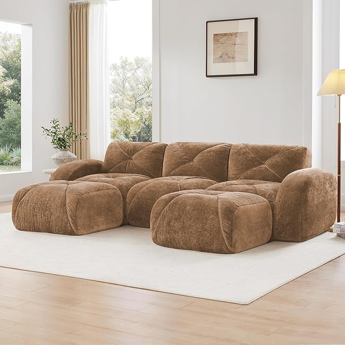 110-Inch Cloud Sectional Couches U-Shaped 5 Seat Boneless Modular Sofa with Ottomans Velvet Tufted Upholstered Boneless Couch Floor Full Foam Sofas for Living Room