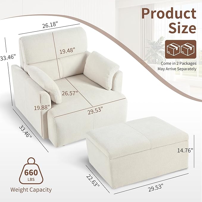 Snowflake Fleece Oversized Accent Chair with Storage Ottoman - 26.57 Wide Deep Seat Reading Chair Convertible Daybed 400lbs Capacity for Living Room &amp Apartment (Beige)