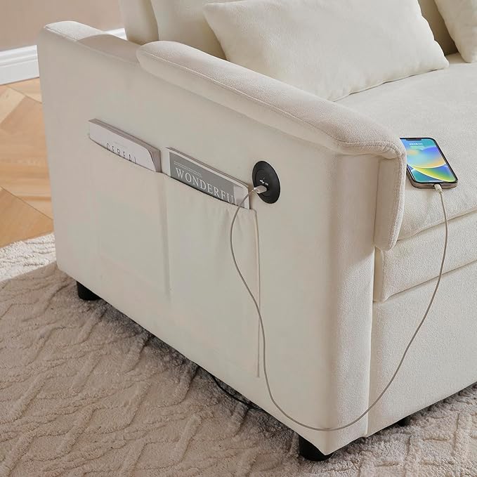 Livavege 55 Convertible Sofa Bed Velvet Pull Out Sleeper Sofa Couch Bed 3-in-1 Futon Loveseat with Adjustable Backrest USB Ports &amp 2 Side Pockets for Small Living Room Apartment Bedroom Bei