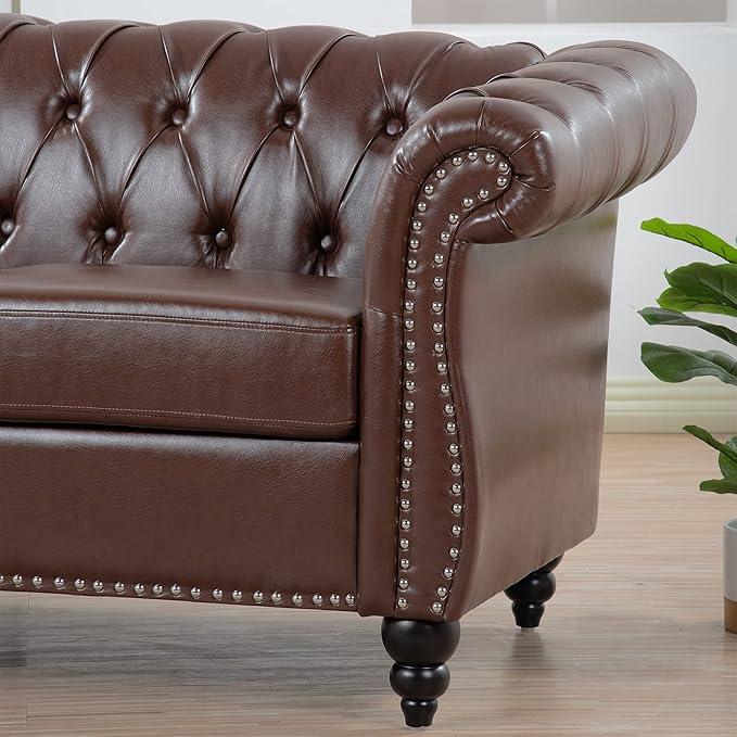GDFStudio 85 Tufted Button Chesterfield Sofa with Deep Seat Cushions Rolled Arms &amp Gold Accent Strip 3-Seater Midcentury Modern Sofa for Living Room Classic Couch Furniture Dark Brown + PU