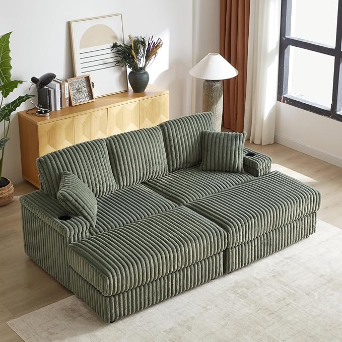 84 Corduroy Modular Cloud Couch with 2 Ottomans Modern Oversized 3-Seater Deep Seat Sofa with Back &amp Toss Pillows Comfy Sofa with 2 Storage Spaces &amp Cup Grooves for Living Room Army Green