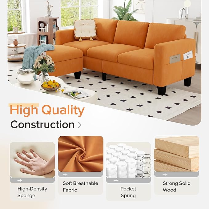 ZeeFu Convertible Sectional Sofa CouchClassic 3 Seat L-Shaped Sofa Set with Movable Ottoman Modern Orange Velvet Upholstered Small Sectional Sofa Couch for Small Space Apartment Living Room Office