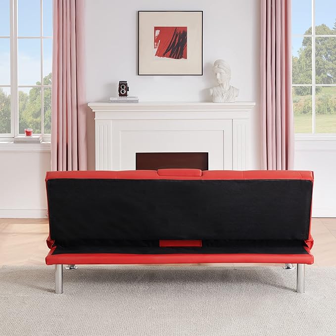 67 Multifunctional Double Folding Sofa Bed with 2 Cup HoldersLeather Couch Loveseat Sleeper with Removable ArmrestsConvertible Folding Couches Bed for Office Small Spaces (Red)