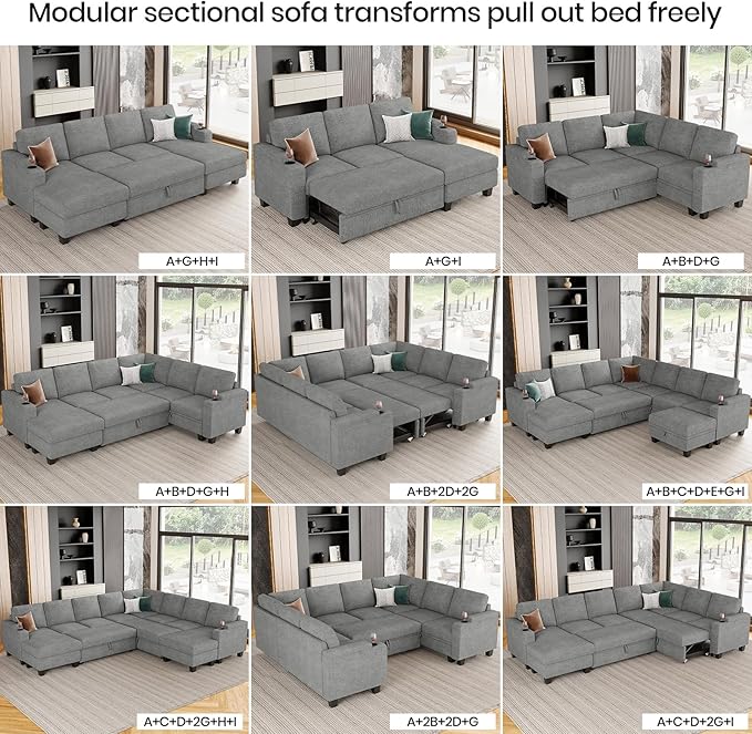 Belffin Sleeper Sofa Bed Pull Out Couch L Shaped Couch with Storage Right-Facing Chaise Modular Sectional Sofa with Cup Holder. Light Grey