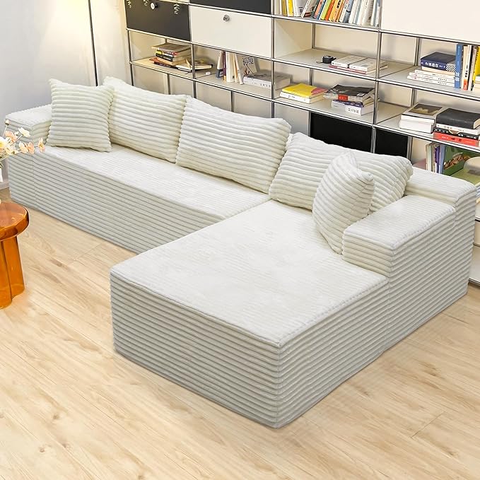 White sectional couches for Living Room Corduroy Couch104 Cloud Sectional Couch with L-Shape Chaise Modern Modular Sofa Deep Seat Comfort No Assembly Required(Plush Corduroy Fabric)