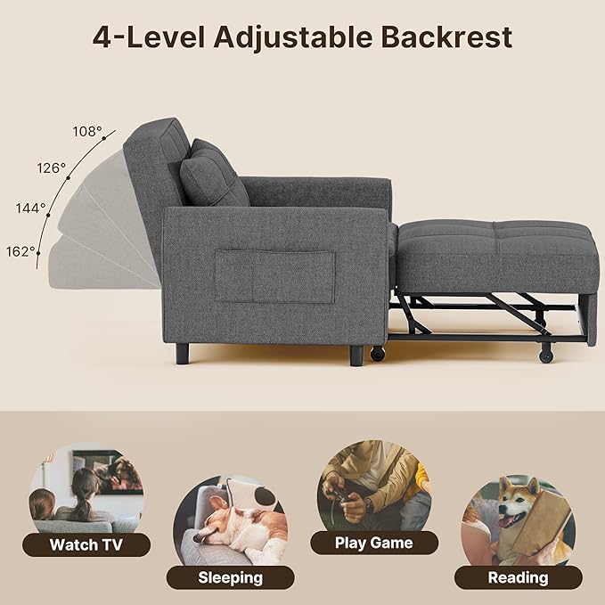 Gizoon Sofa Bed Chair 3 in 1 Convertible Pullout Single Sleeper Chair Bed with Adjustable Backrest Spacious Multifunctional Sofa Couches for Living Room Bedroom Apartment