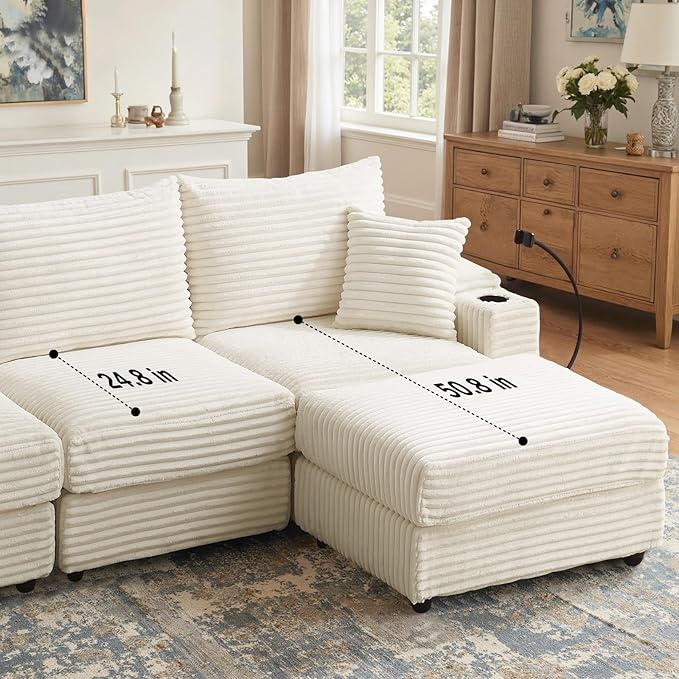 Cloud Sectional Couch L-Shaped Modular Sectional Sofa with Ottoman for Living Room Plush Corduroy Comfy Upholstered Couches with Charging Station Cup Holders &amp Armrest Storage