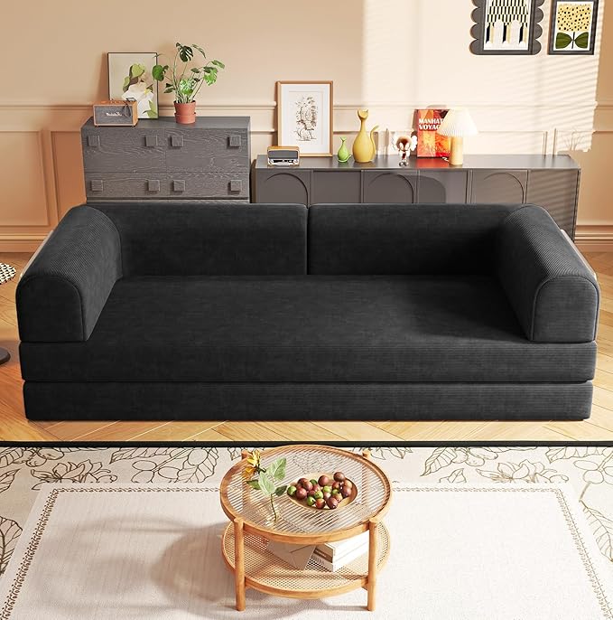 Folding Boneless Couch Convertible Sleeper Sofa Bed Futon Lounge Chair Boneless Corduroy Loveseat with Pull Out Bed Floor Sofa Modular Couch for Living Room Basement Movie Theater RoomBlack