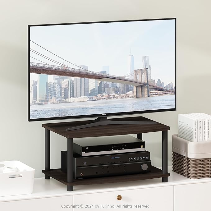 Furinno TURN-N-TUBE TV Riser Stand 2-Tier Small Elevated No Tools TV Stand TV Console for TV up to 32 inch 15.8 x 23.8 x 11 for Living Room Bedroom Dark Brown
