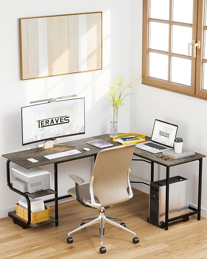 Teraves Reversible L Shaped Desk with Large Surface 69 Inch Sturdy Corner Desk with Storage Shelves Premium Office Computer Desk Workstation for Home Office Gaming