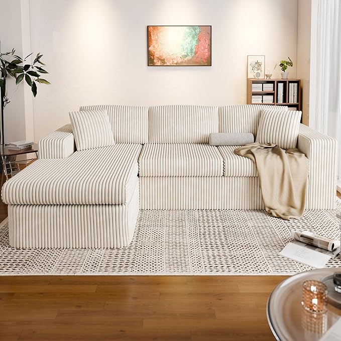Vongrasig 105 Boneless Couches for Living Room Sectional Couches Modular Sofa with L-Shaped Chaise Memory Foam Comfy Cloud Couch with Plush Corduroy Fabric No Assembly Required Beige