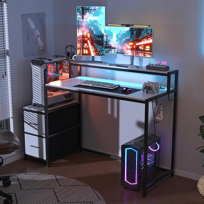 WOODTIME 50.4 W Home Office Computer Desk with LED Lights &amp Power Outlets Gaming PC Desk Study Writing Table with Monitor Stand &amp 2 Fabric Drawers White &amp Black