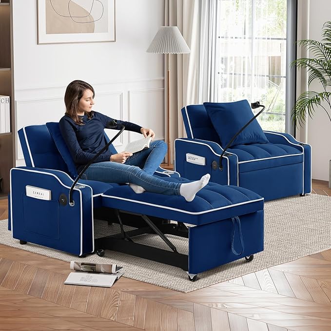 Convertible Sleeper Sofa Chair Bed 3 in 1 Tufted Velvet Pull Out Sleeper Chair with Adjustable Backrest &amp Phone Holder Modern Single Sofa Chair for Living Room Small Spaces Apartment Blue
