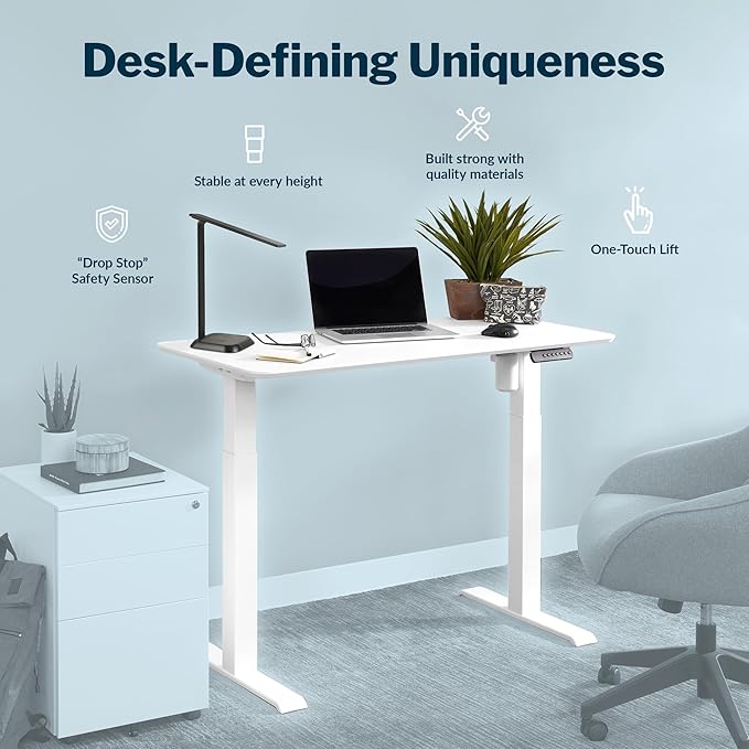 Vari Essential Electric Standing Desk for Home Office – 48x24 Sit-Stand VariDesk 4 Memory Height Presets 2-Piece Laminate Wood Top Sturdy T-Style Legs Supports 150 Lbs + Easy Assembly (White)