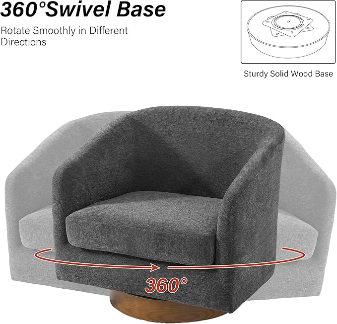 Swivel Barrel Chair Modern Round PU Leather Accent Armchair for Living Room Bedroom Oversized Comfy Club Reading Chairs for Adults (Chenille Grey Set of 2)