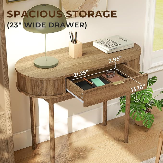 Writing Desk with Drawer 39 Small Computer Desk with Fluted Design Oval Wood Study Table for Small Space Modern Home Office Desk Makeup Vanity Table for Bedroom Brown