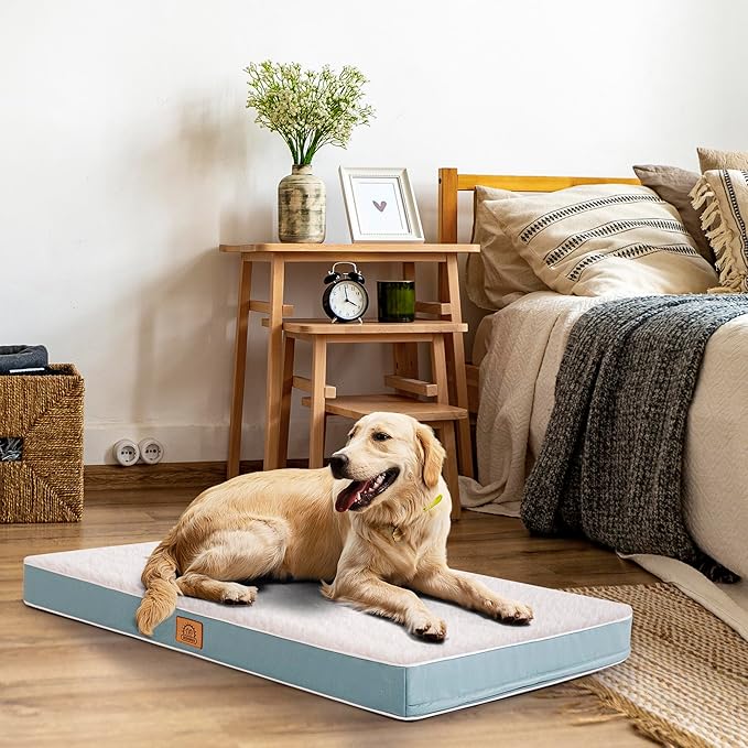 Orthopedic Dog Bed for Large Dogs and Extra Large Dogs XL Waterproof Dog Bed with Removable Washable Cover &amp Anti-Slip Bottom Crate Bed Deluxe Plush Pet Bed Mat L-Plus(36X27X3) Blue