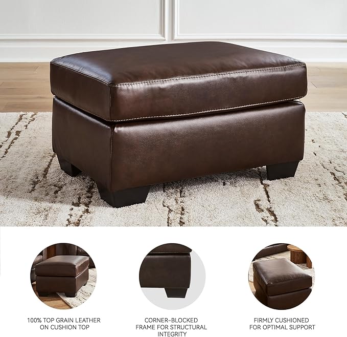 Signature Design by Ashley Santorine Classic Leather Match Rectangular Ottoman for Living Room Dark Brown