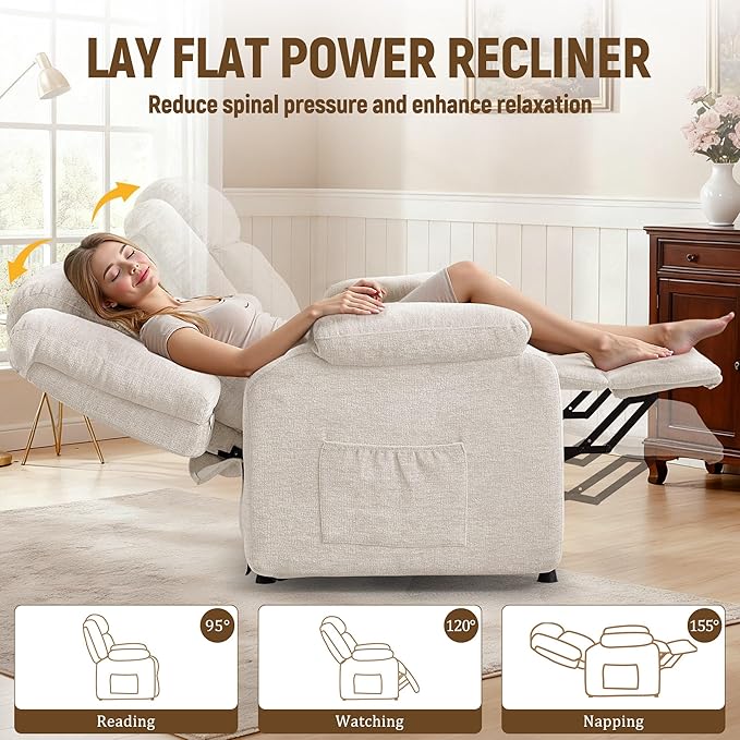 Power Recliner Chair Living Room Chairs for Adults Oversized Electric Recliner with Side Pockets Chenille Fabric Reclining Chair for Living Room Bedroom