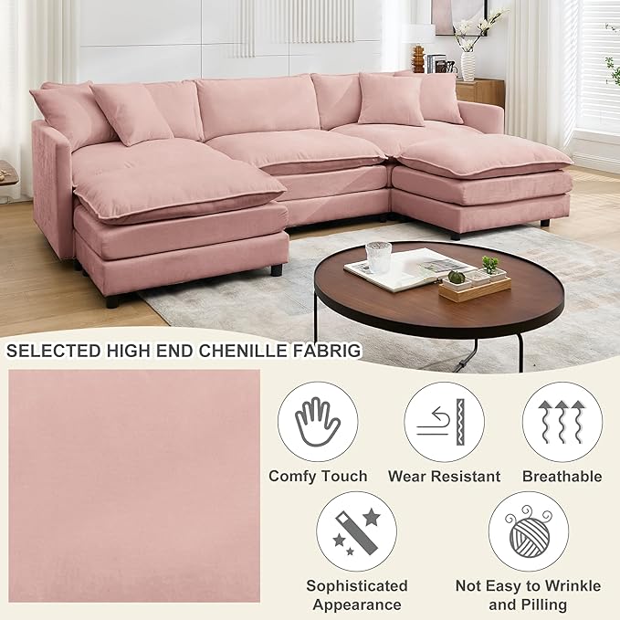 Modular Sectional Sofa Convertible U Shaped Cloud Couch with Memory Foam Comfy Modular Sofa with Ottomans Chenille Fabric for Living Room