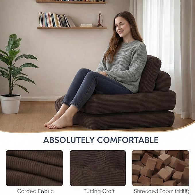 Folding Sofa Bed Convertible Sleeper Chair with Pillow Foldable Mattress with Back Support Portable Fold Out Chair Bed Comfy Floor Sofa Lounge for Living Room Bedroom Single (Coffee)