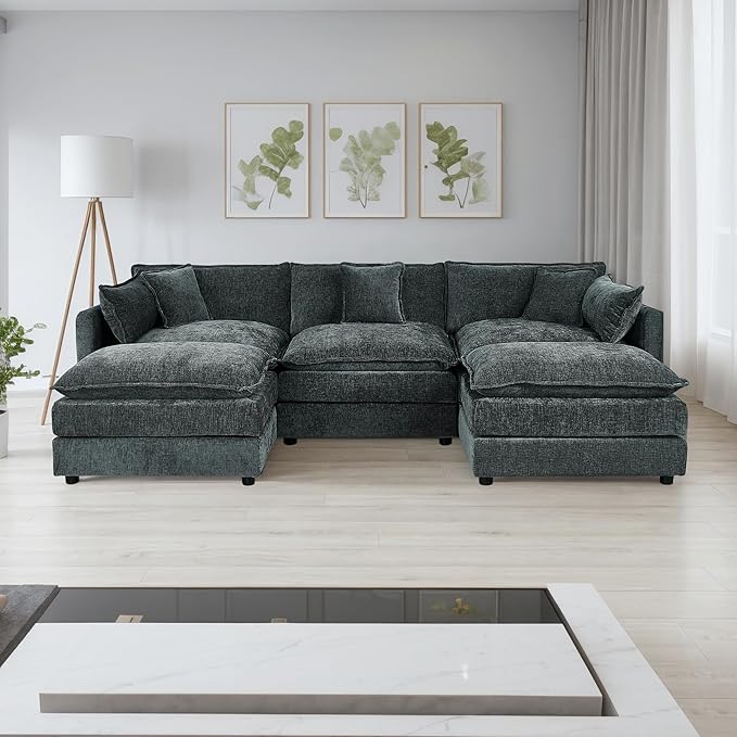 Setawix Deep 3 Seater Couch with Ottomans112.2 U-Shaped Cloud Couches for Living RoomChenille Cloud Sofa Couch with Deep SeatModular Sectional U Shape 3 Seat Sofa for Bedroom (Grey 3+2)