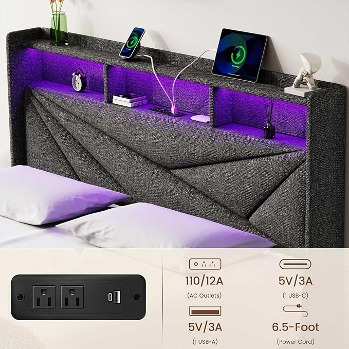 LED King Size Bed Frame with 2 Storage Drawers Upholstered King Bed Frame with Headboard and Charging Station No Box Spring Needed Easy to Assembly-Dark Grey