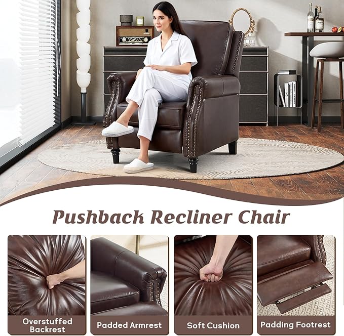 CANMOV Push Back Recliner Chair Genuine Leather Pushback Reclining Chair with Padded Seat Wingback Recliner with Rivet Decoration Single Sofa Recliner for Living Room Apartment Dark Brown