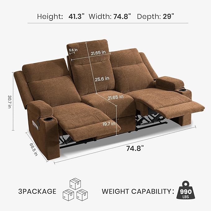 75'' Manual Reclining Sofa with Storage Drawer 3 Seat Wall Hugger Recliner Couch with Cup Holders Side Pockets Chenille Fabric Compact 3-Person Recliner for RV Living Room Apartment (Brown)