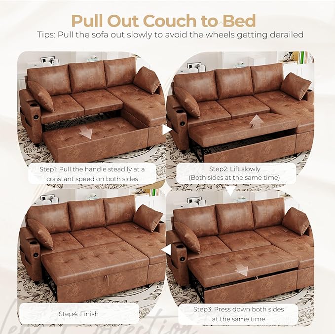 Leather Sleeper Sofa Couch with Pullout Bed 80'' Sofa Bed Pull Out Couch with Reversible Storage Chaise Sectional Couches with USB Charging Ports&ampCup Holders for Living Room Brown