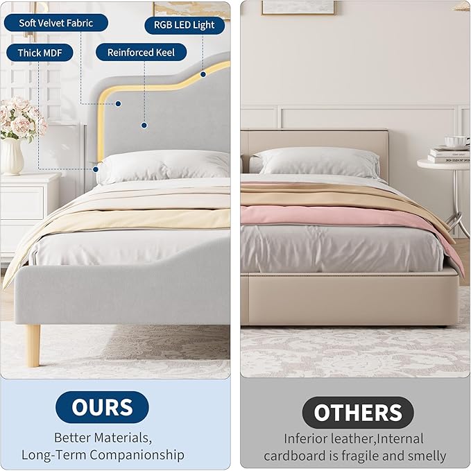 IDEALHOUSE Queen Size Bed Frame with LED Lights Velvet Upholstered Platform Bed with Adjustable Headboard for Kids/Girls Wooden Slats Support No Box Spring Needed Gray