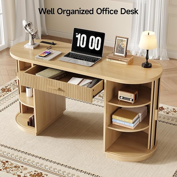 ONBRILL 58 Inch Fluted Executive Desk with Drawers Large Computer Desks with Storage Mid Century Modern Office Desk with Charging Station for Home Office Living Room Bedroom (Oak)