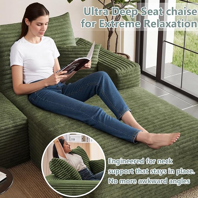 Modular Sectional Sofa Cloud Sectional Couch 95 Comfy Fluffy U-Shaped Couches for Living Room Deep Seat Memory Foam Plush Corduroy Boneless Couch Sectionals No Assembly (GreenRight-Facing Chaise)