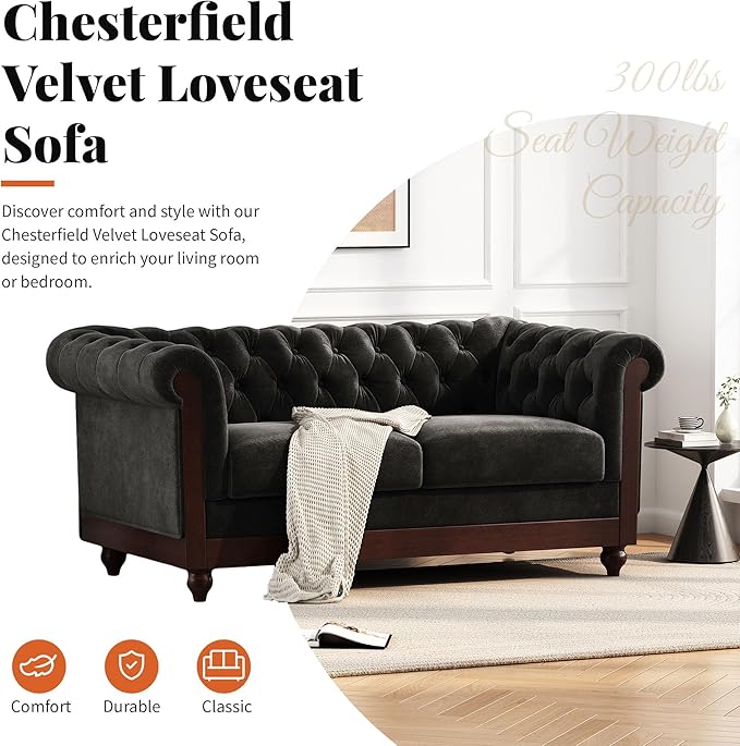 Merax Velvet Chesterfield Sofa Retro Style Upholstered 3 Seater Leather Couch Rolled Arm for Living Room Bedroom Office Black