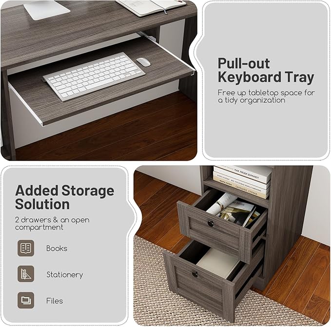 Tangkula 66” x 66” L-Shaped Office Desk with Power Outlets Modern Home Office Computer Desk with 2 Drawers Cabinet Adjustable Shelf &amp Keyboard Tray Corner Executive Desk for Working Writing