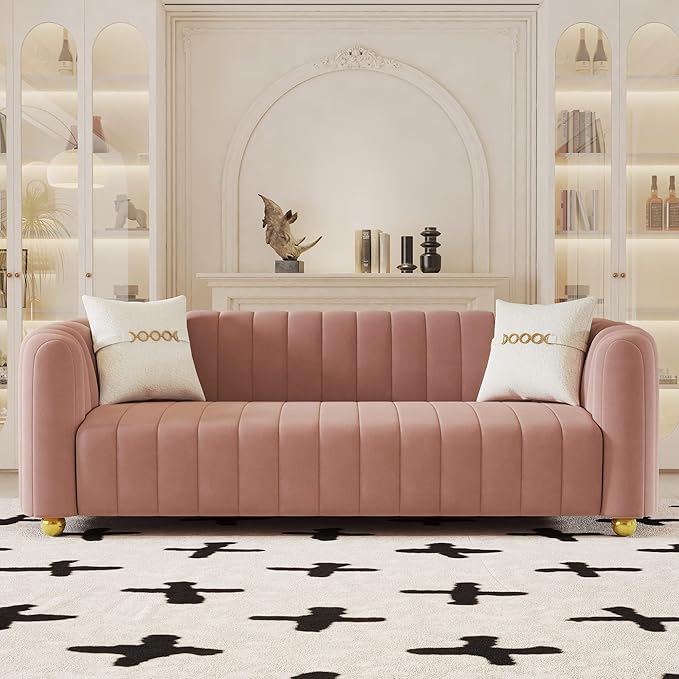 Mid-Century Modern Sofa for Living Room 84 Pink Luxury Velvet Loveseat Sofa Couch Sectional Love Seat Sofa Couch with Gold Legs Upholstered Sofa for Apartment Bedroom Home Office