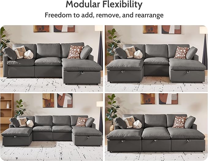 WEUP 102 Faux Leather Modular Sectional Couch 6 Seat Sleeper Sofa Bed with Storage Ottomans Scratch Resistant Leather Sofa Spacious Deep Seat Mid Century Modern Couches for Living RoomGrey