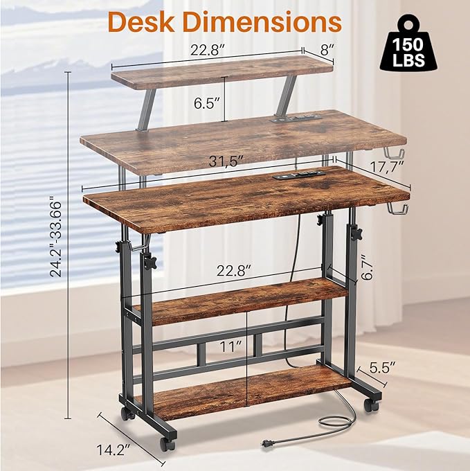 Adjustable Height Standing Desk with Power Outlets Rolling Stand Up Desk with Monitor Stand and Storage Shelves 31.5 Small Mobile Computer Desk Portable Laptop Table (Retro Brown)