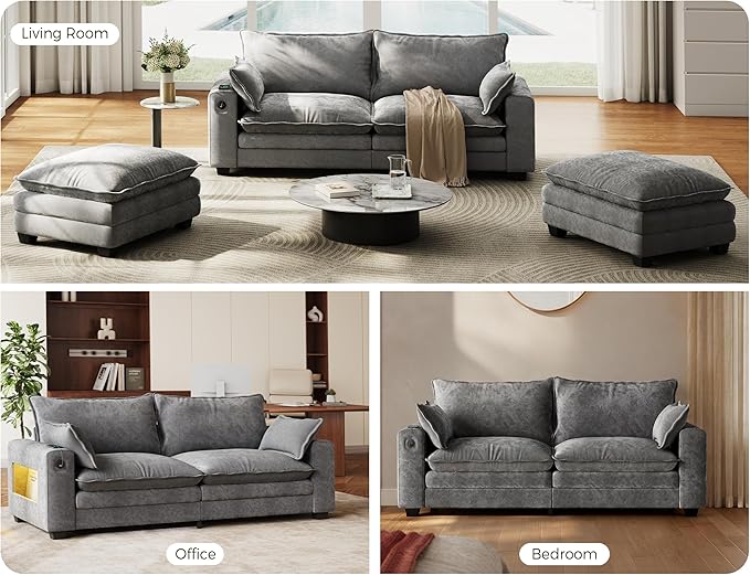 80 Cloud Sofa Loveseat for Living Room 2-Seats Couches with Wide Armrest Storage Charging Station Led Lights Modern Chenille Fabric Sofa for Small Space Grey