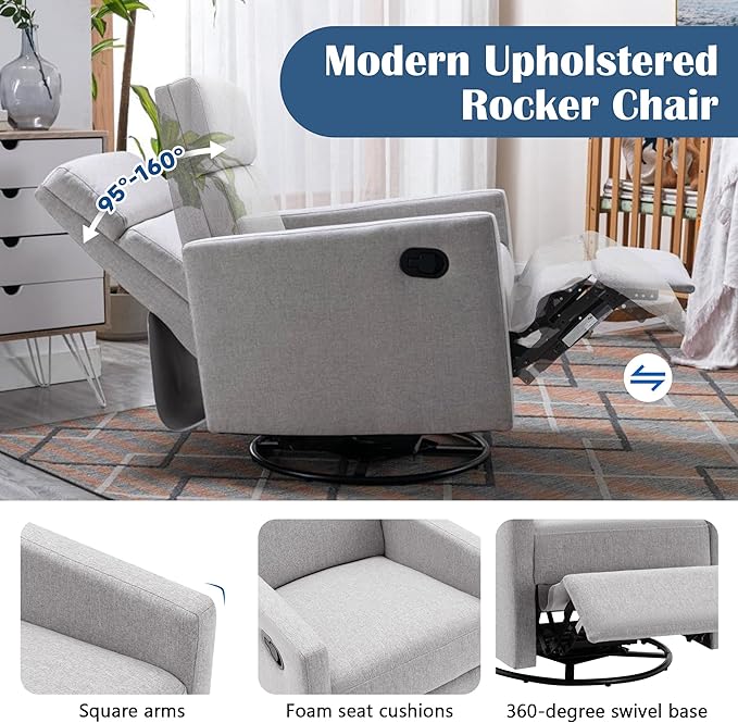 Swivel Rocker Recliner Chair 360 Degree Swivel Nursery Rocking Chair Manual Glider Rocking Recliner Chair for Living Room Bedroom (Grey)