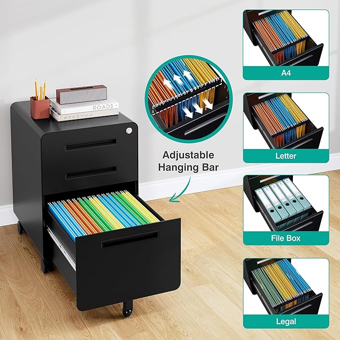 SISESOL 3 Drawer File Cabinet with LockRolling File CabinetsUnder Desk File CabinetThree Drawer Filing Cabinet for Home Office with WheelsFit A4/Letter/Legal FileFully Assembled Except Casters
