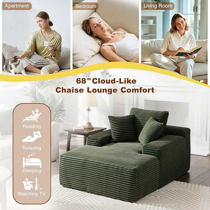 67 Inch Chaise Lounge Chair Indoor Oversized Corduroy Upholstered Boneless Sofa Bed with Amrests and 2 Pillows Cloud Sleeper Couch Reading Chair for Living Room
