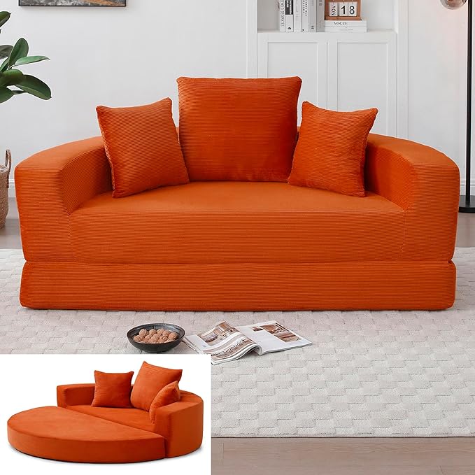 Orange Boneless Loveseat Couch - 67 Circular Convertible Sofa Bed No Assembly Corduroy Folding Floor Futon with Pillows for Small Spaces (Orange)