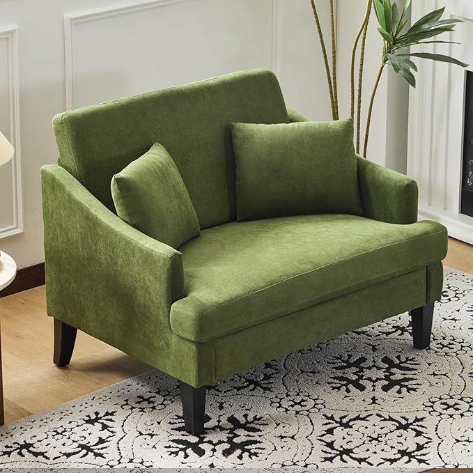 Bezseller 41 Oversized Accent Chair Comfy Living Room Chair with 2 Pillows Upholstered Mid Century Modern Armchair with Deep Seat Reading Chair for Bedroom Apartment Office Green